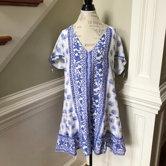 NWOT Bell Caftan Popover Dress Womens Small Blue White VNeck Tassels Cotton Silk - Picture 1 of 9